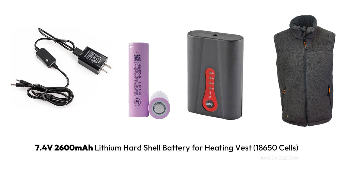 joinsun 18650 1s2p 7.4v 2600mah for heated vest, jacket, gloves
